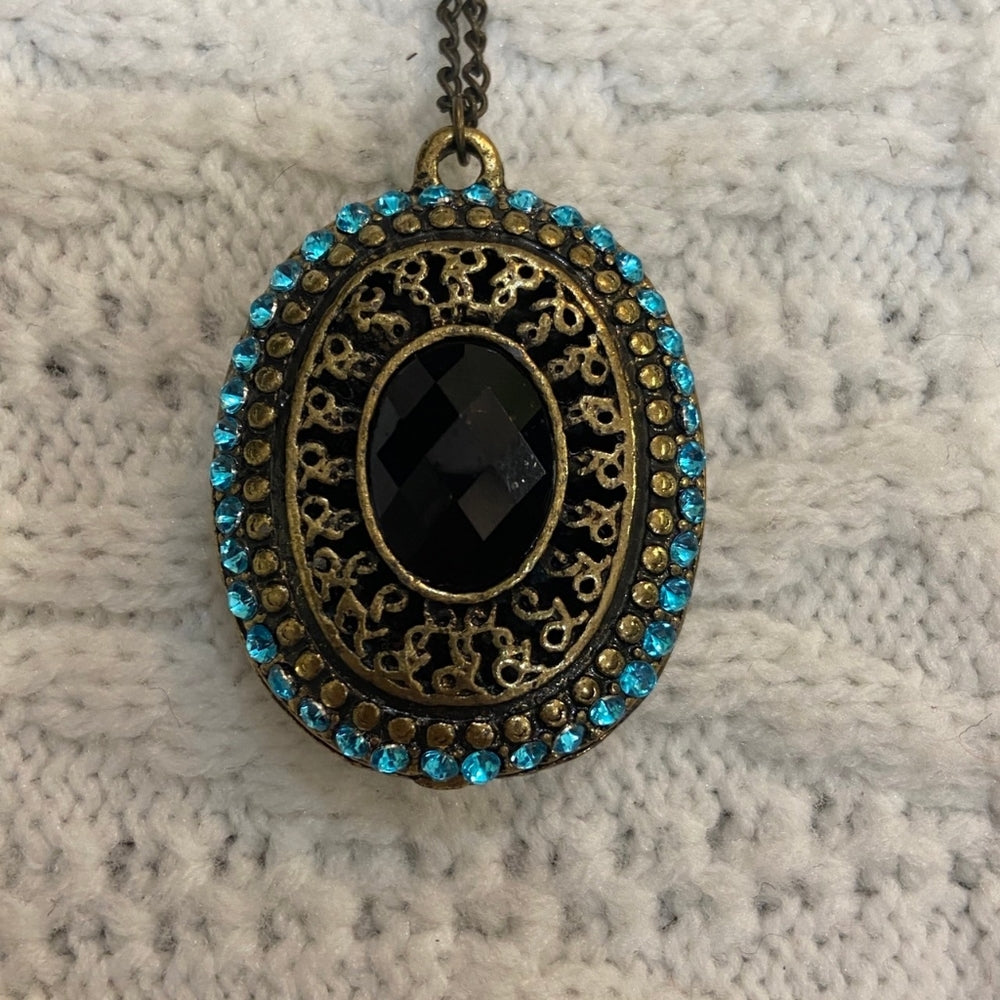 Vintage Faux Locket Aquamarine Rhinestone Necklace