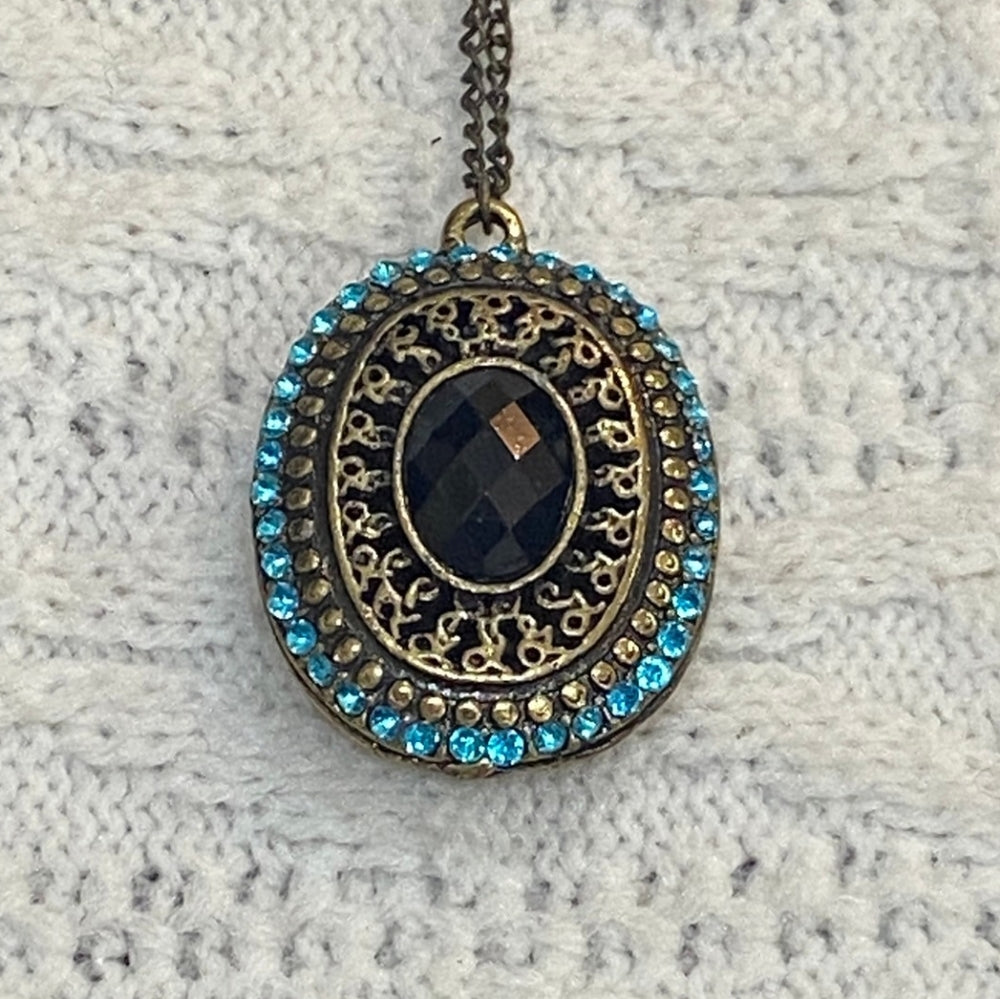 Vintage Faux Locket Aquamarine Rhinestone Necklace