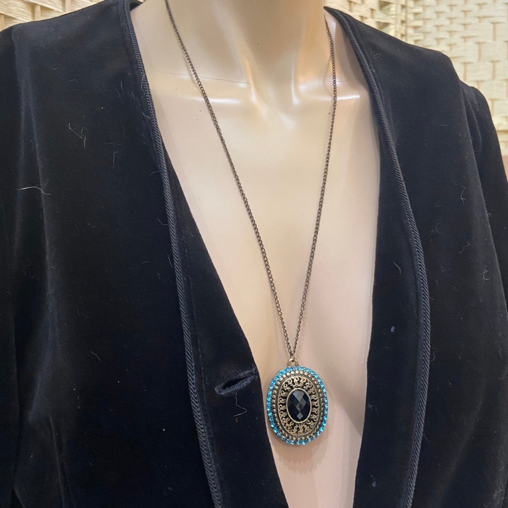Vintage Faux Locket Aquamarine Rhinestone Necklace