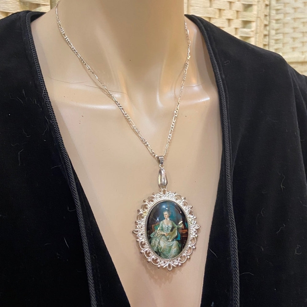 Vintage Glass Cabochon of a Victorian Lady Pendant Necklace