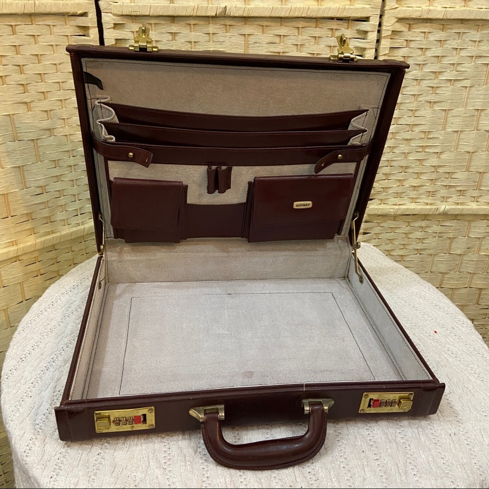 Vintage Airway Burgundy Leather Briefcase with Coded Lock 18in x 13in x 3in