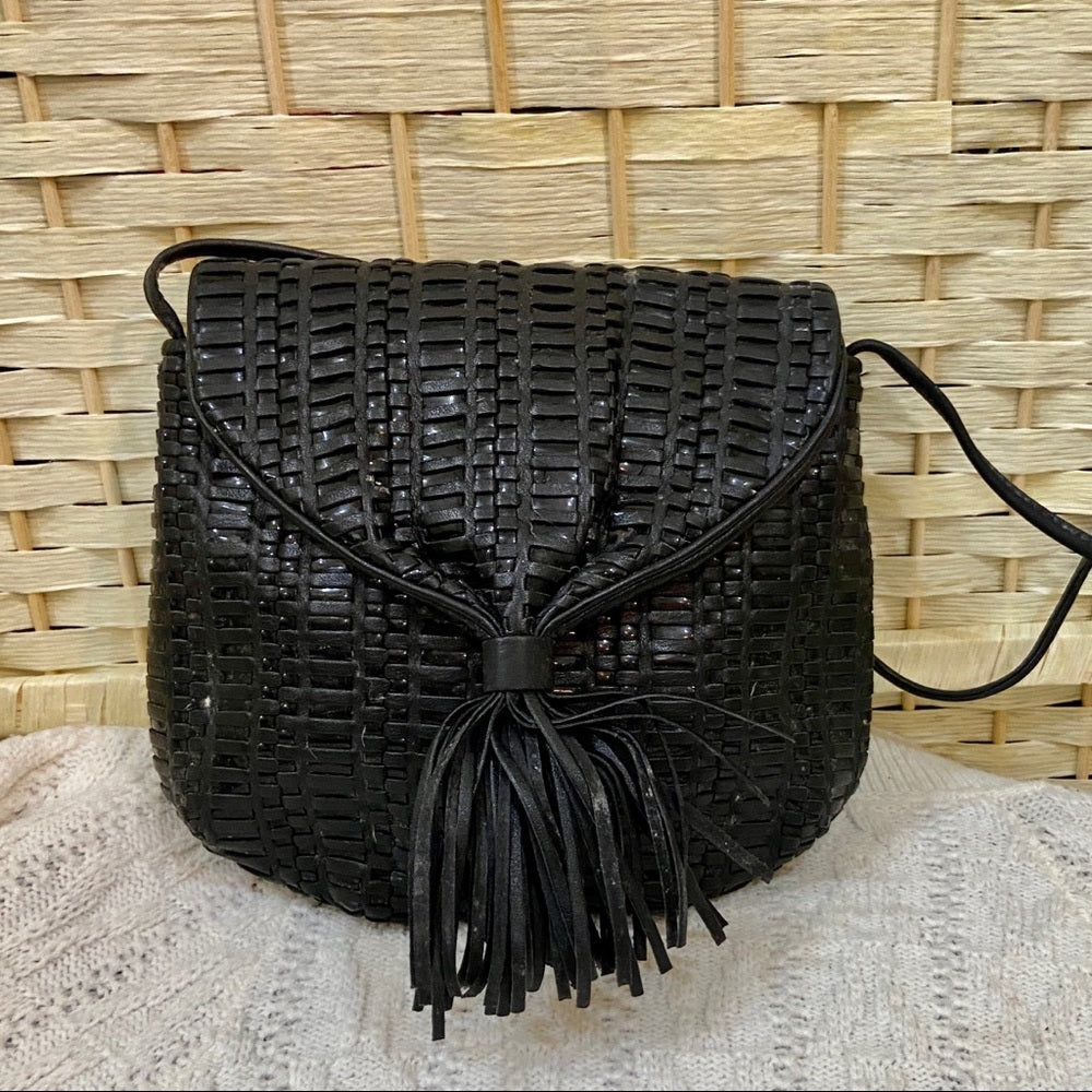 Vintage, 1950s Ganson Black Leather Woven Shoulder Bag 9in x 8in x 1in