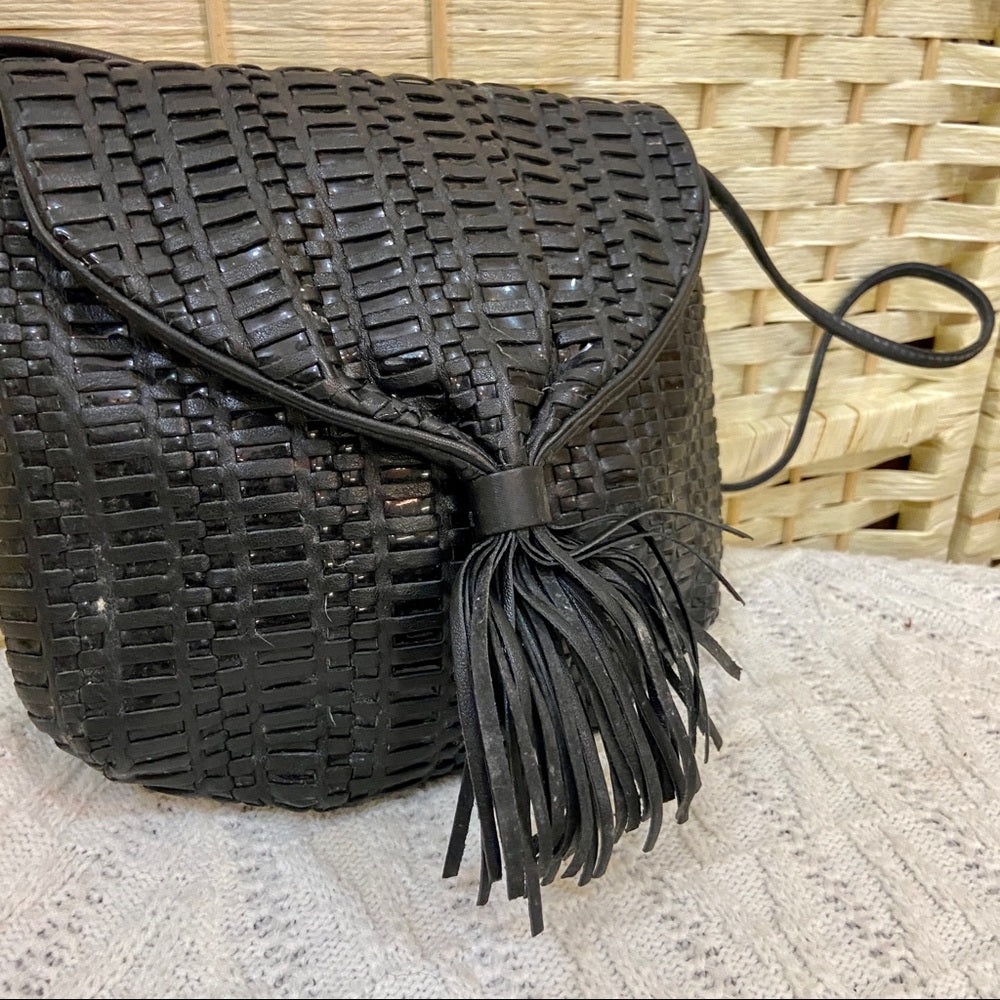 Vintage, 1950s Ganson Black Leather Woven Shoulder Bag 9in x 8in x 1in