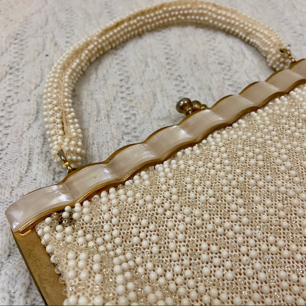 Vintage, White Beaded Handbag with Mother of Pearl Clasp