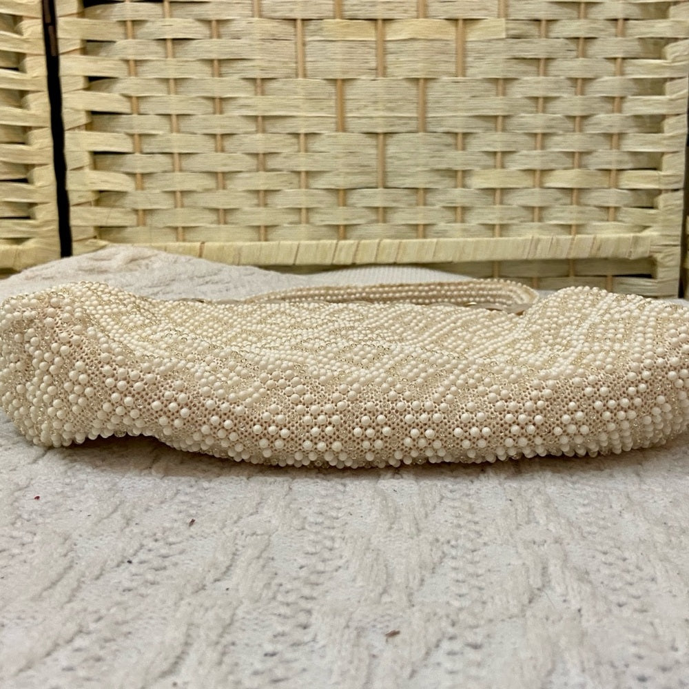 Vintage, White Beaded Handbag with Mother of Pearl Clasp