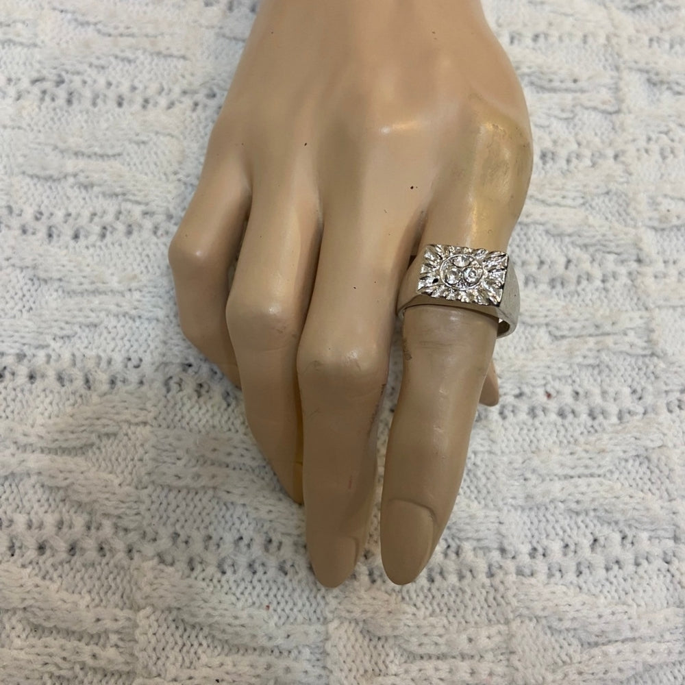 Vintage Silver Unisex-Men's Ring with Rhinestones Size-12