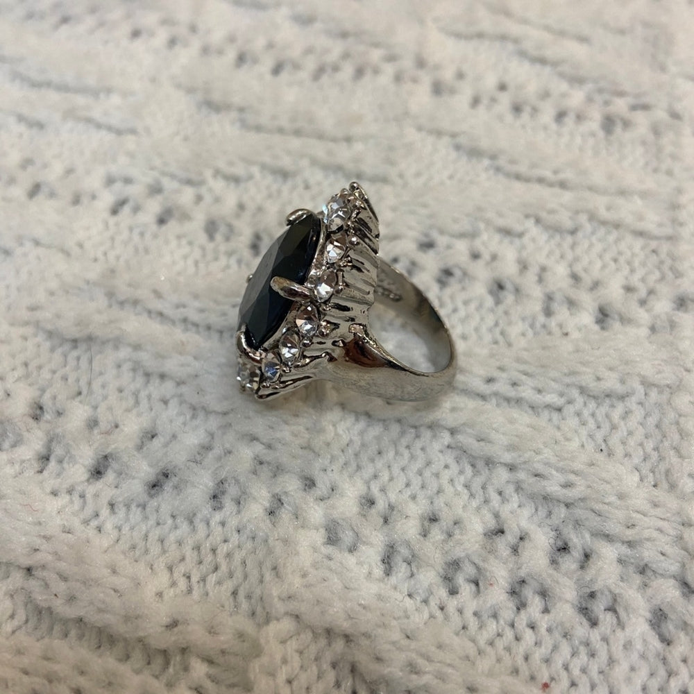 Dark Blue Sapphire Silver Toned Princess Ring - Size 10