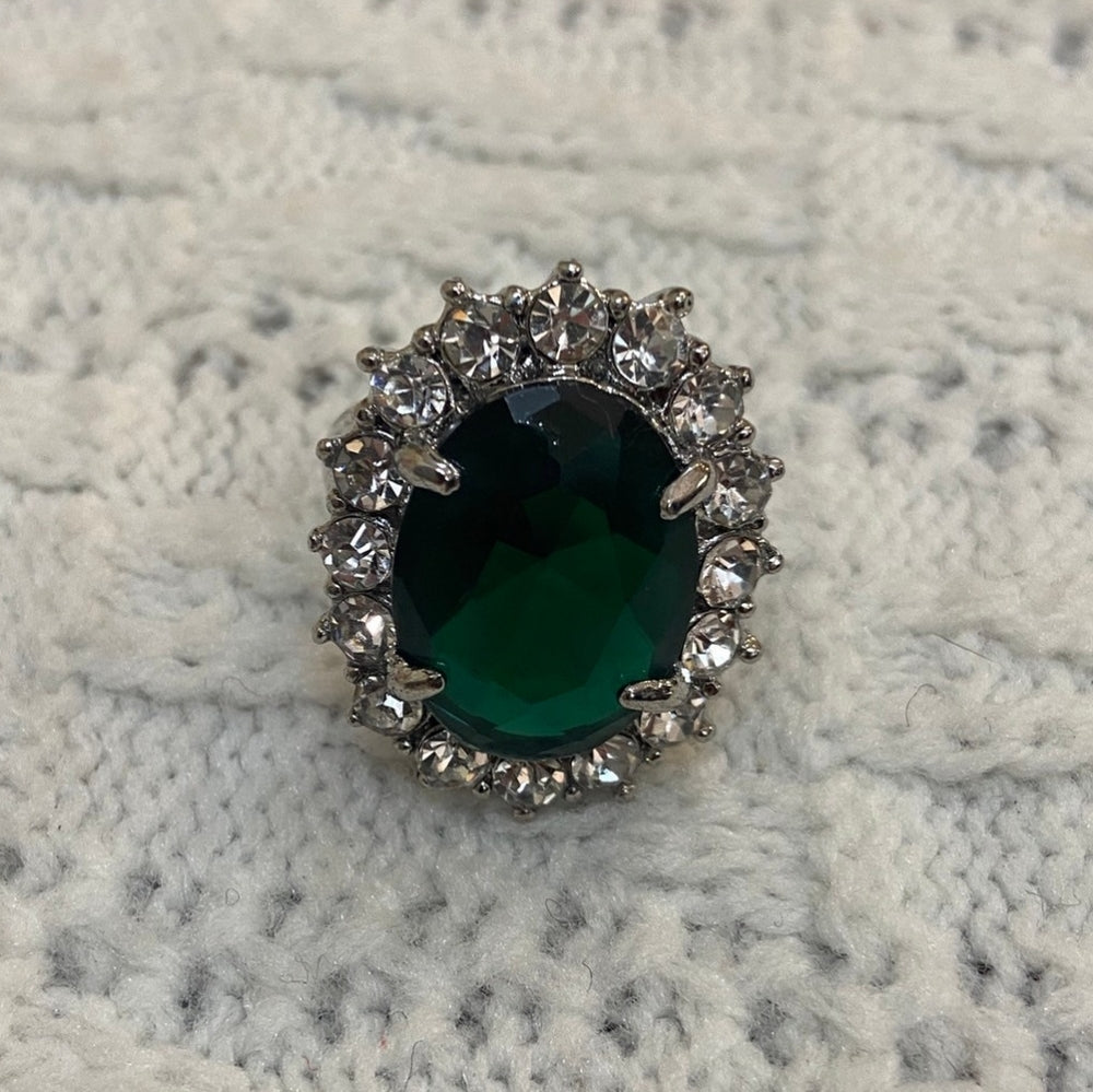 Dark Green Emerald Silver Tone Princess Ring-Size 10