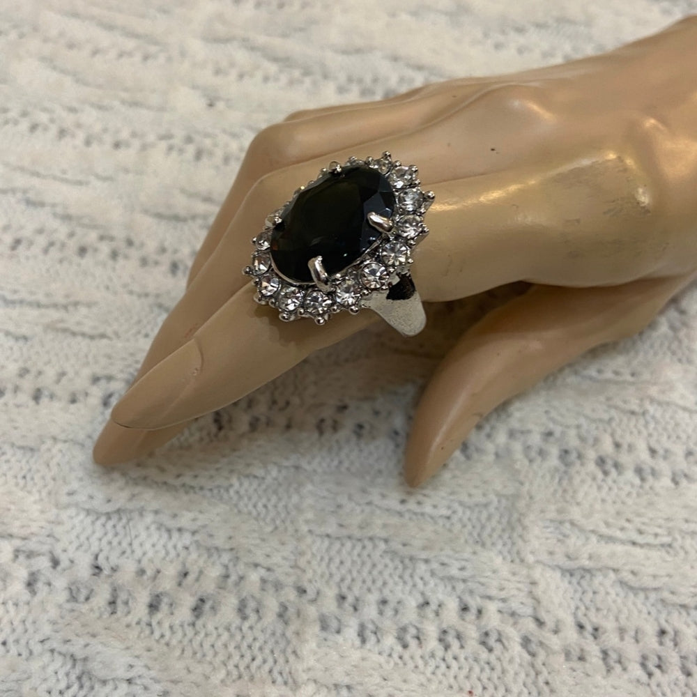 Dark Green Emerald Silver Tone Princess Ring-Size 10