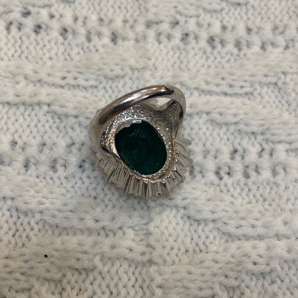 Dark Green Emerald Silver Tone Princess Ring-Size 10