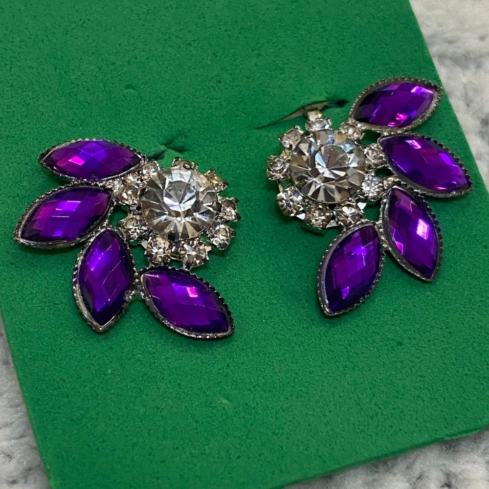 Vintage Rhinestone Earrings, Purple Clip On Earrings