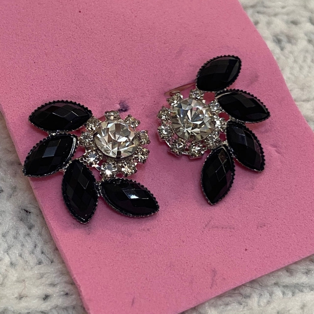 Vintage Rhinestone Earrings, Black Clip On Earrings