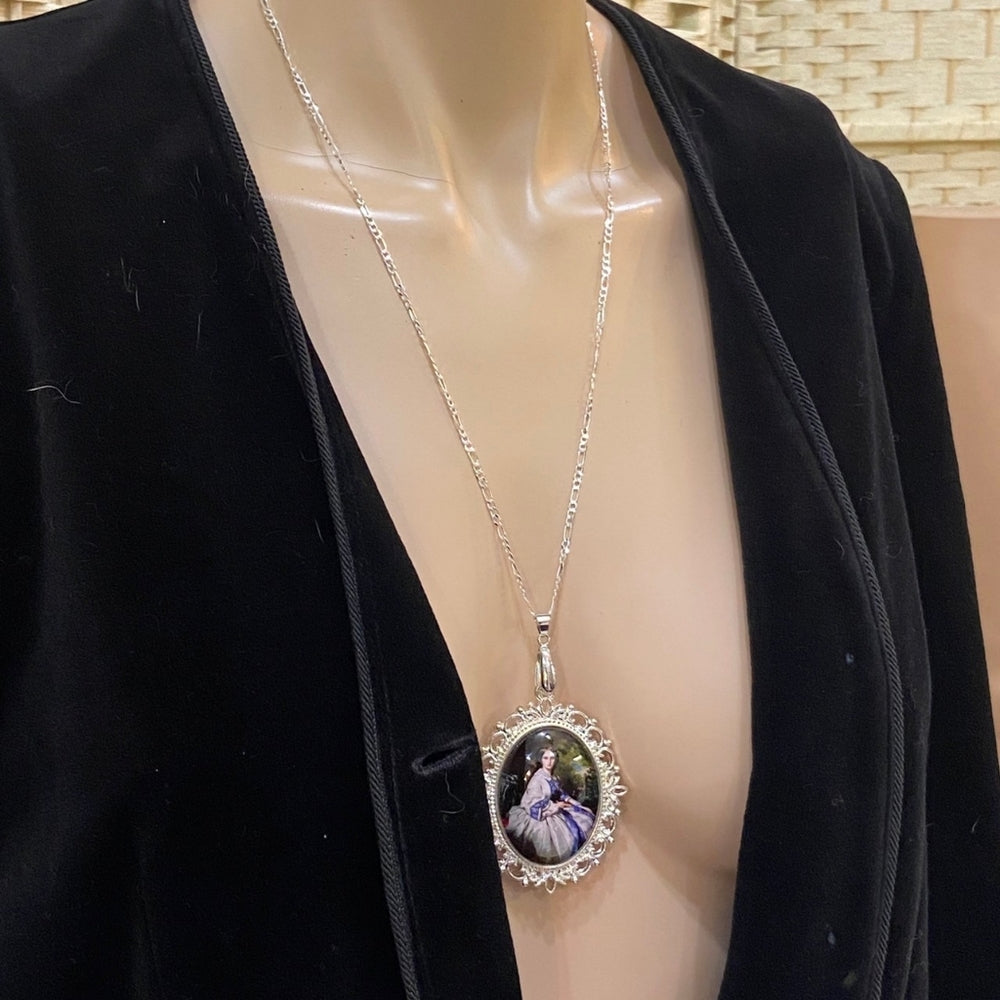 Vintage Style Glass Cabochon Victorian Lady in Purple Pendant Necklace