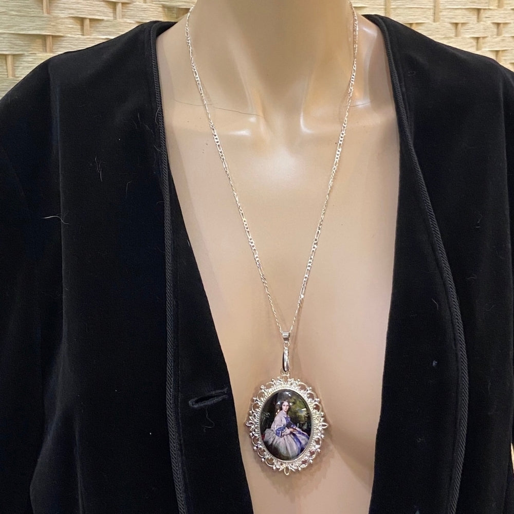 Vintage Style Glass Cabochon Victorian Lady in Purple Pendant Necklace