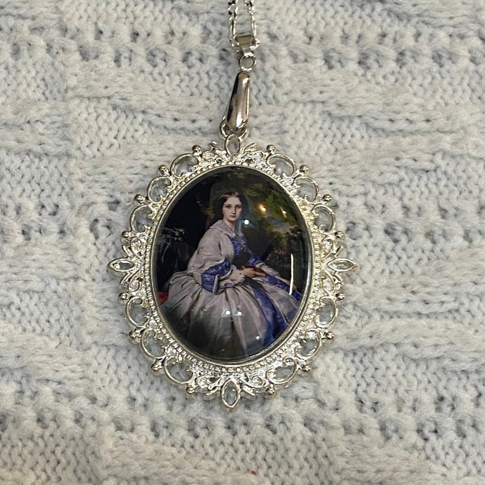 Vintage Style Glass Cabochon Victorian Lady in Purple Pendant Necklace