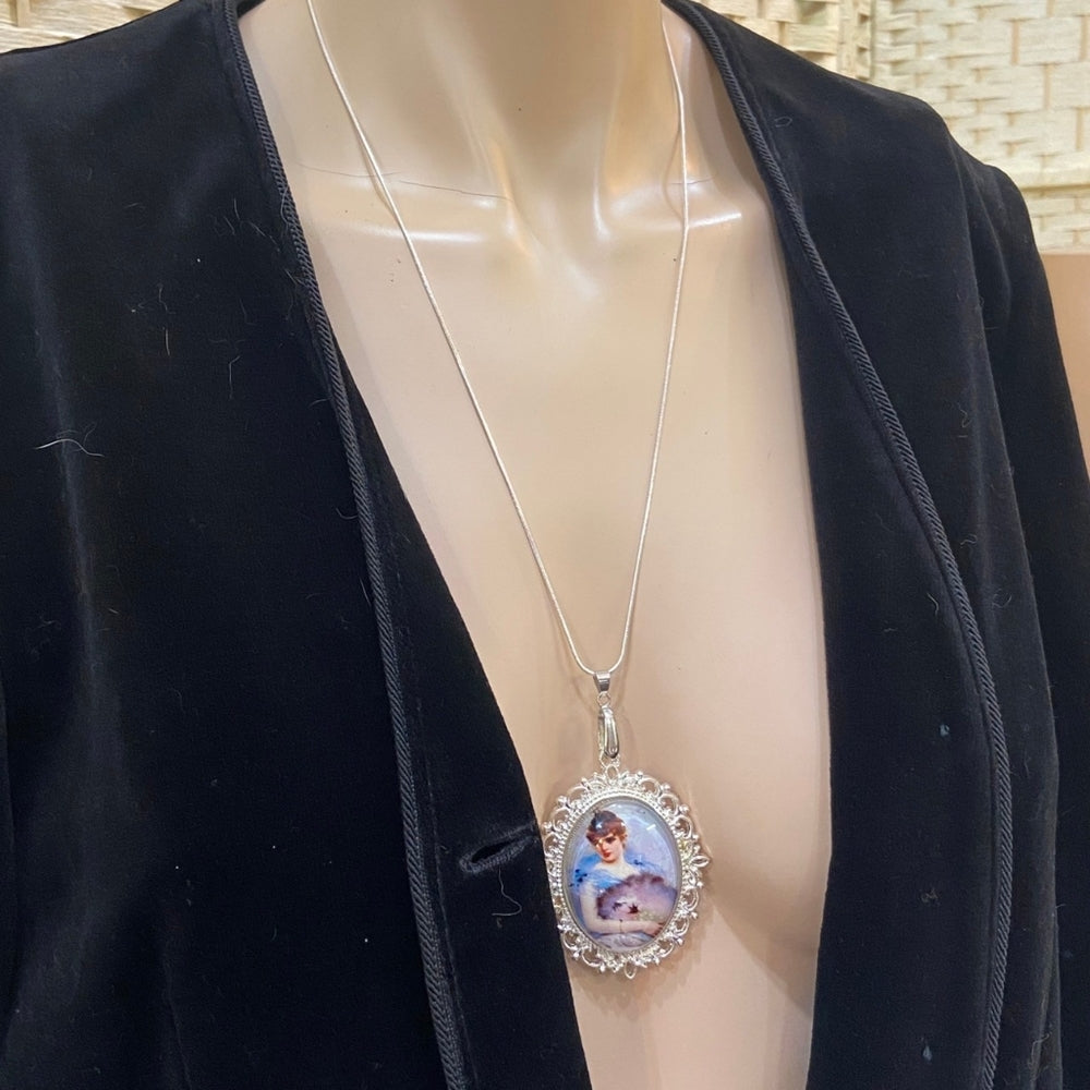 Vintage Style Glass Cabochon Victorian Lady in White with Fan Pendant Necklace