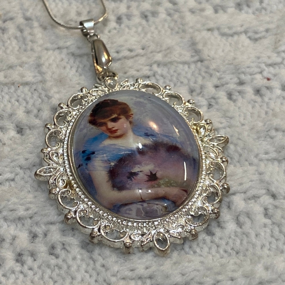Vintage Style Glass Cabochon Victorian Lady in White with Fan Pendant Necklace