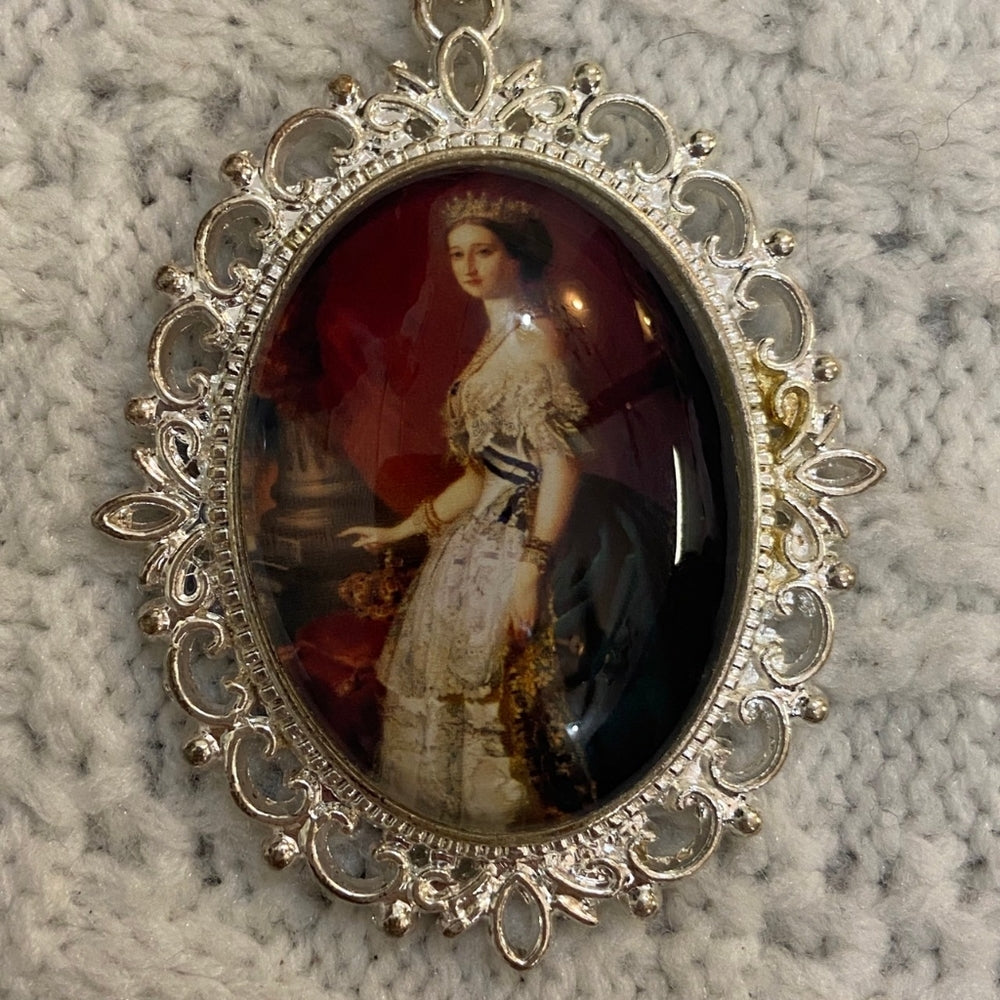 Vintage Style Glass Cabochon Victorian Lady in Red Pendant Necklace