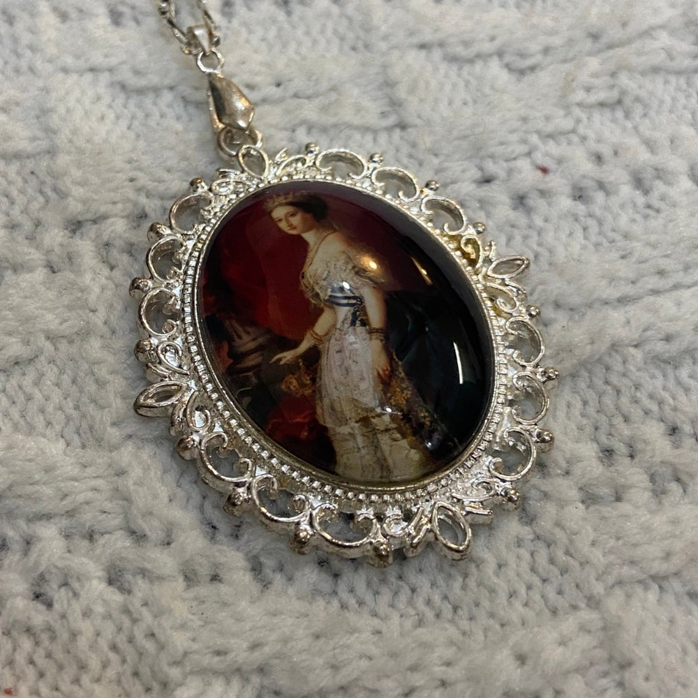 Vintage Style Glass Cabochon Victorian Lady in Red Pendant Necklace