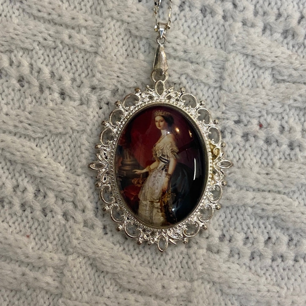 Vintage Style Glass Cabochon Victorian Lady in Red Pendant Necklace