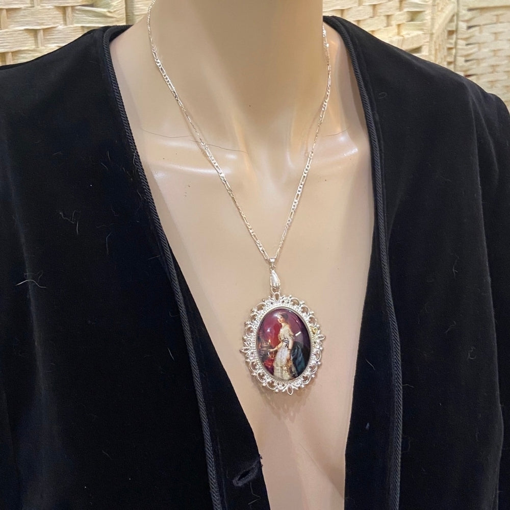 Vintage Style Glass Cabochon Victorian Lady in Red Pendant Necklace