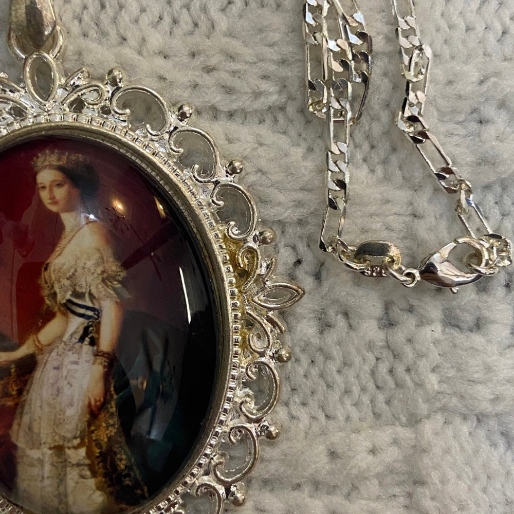 Vintage Style Glass Cabochon Victorian Lady in Red Pendant Necklace
