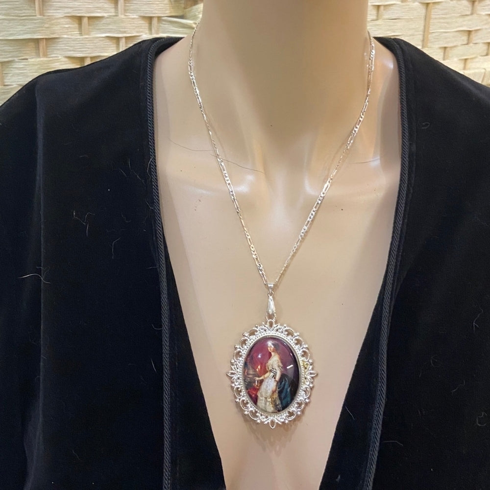 Vintage Style Glass Cabochon Victorian Lady in Red Pendant Necklace