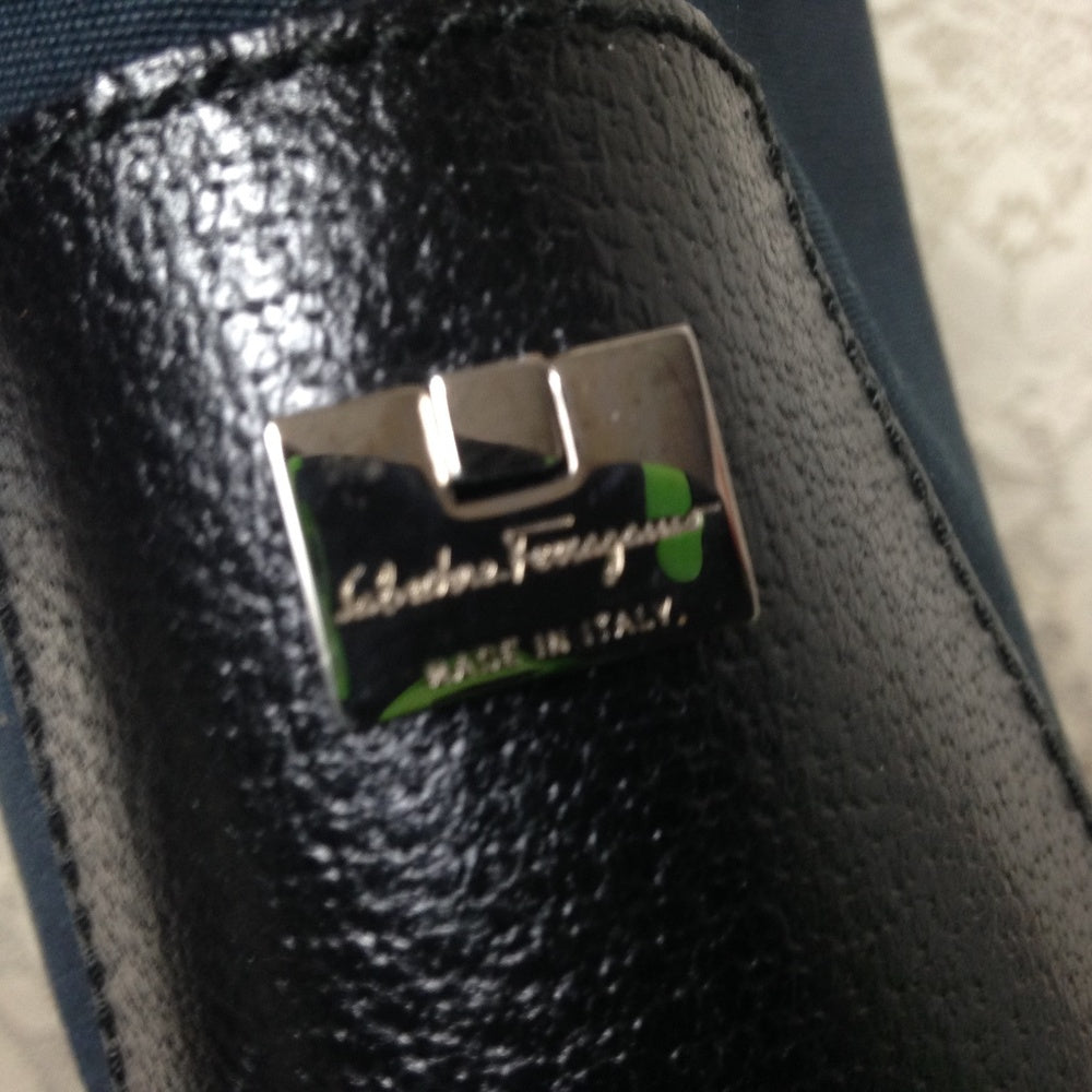 Salvatore Ferragamo Blue Canvas with Black Leather Trim Tote