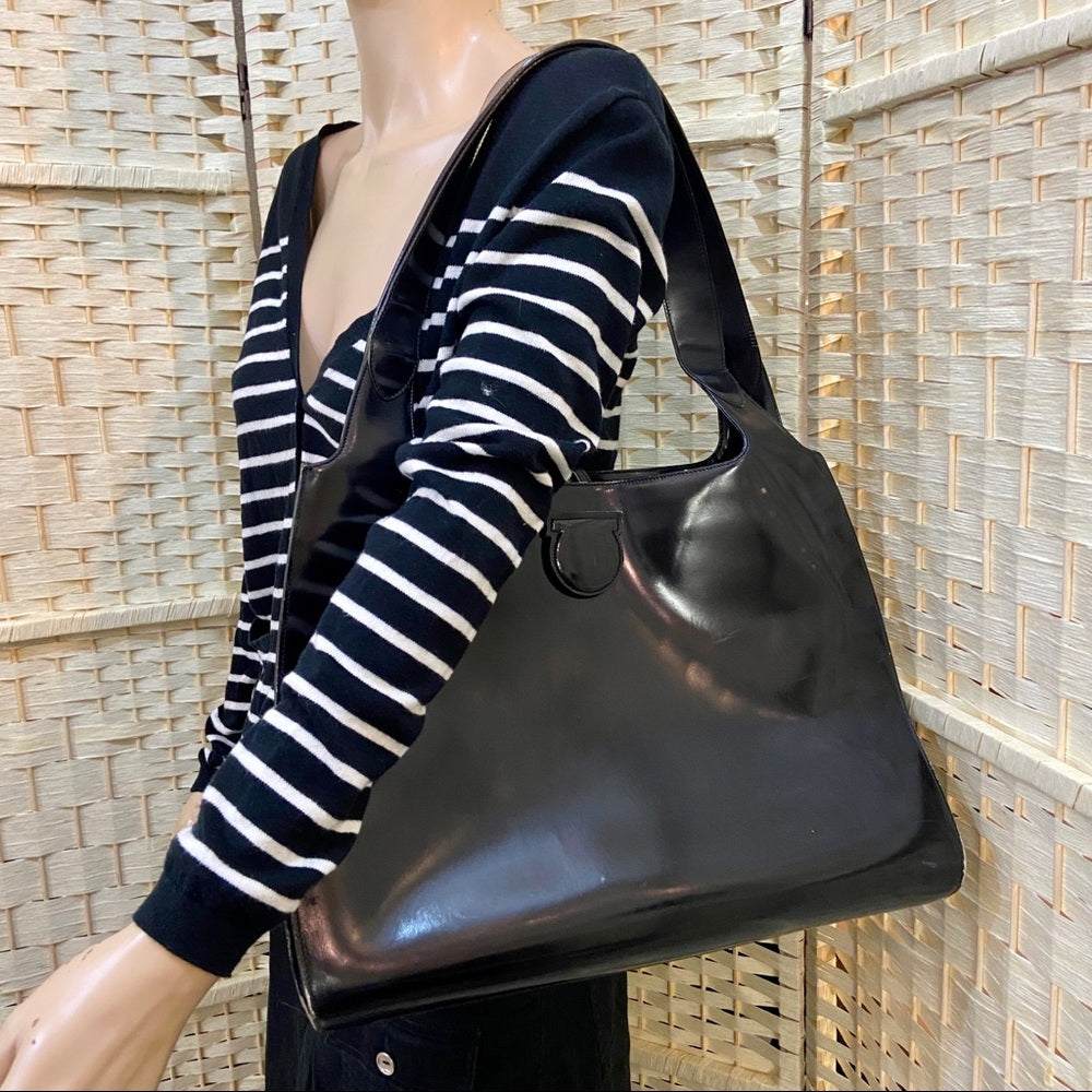 Ferragamo Large Black Enamel Patent Tote- Handbag