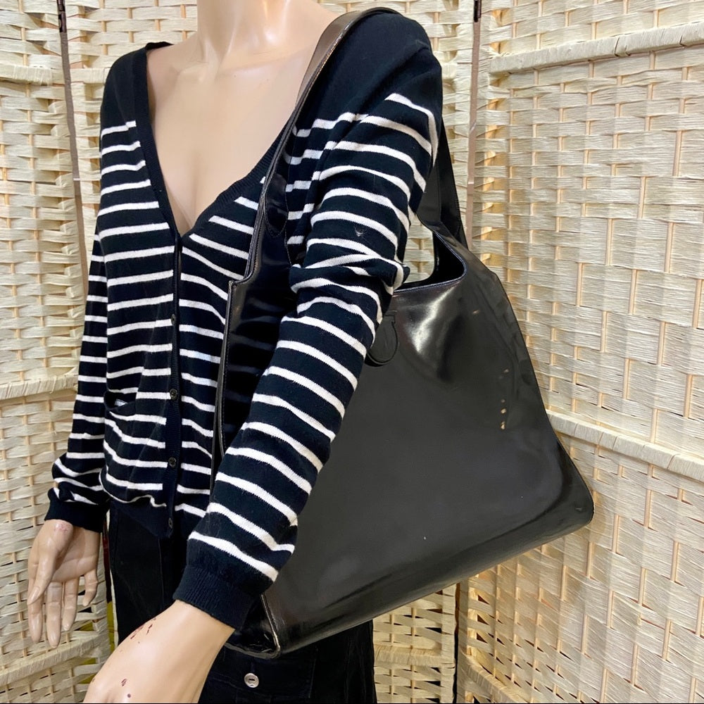 Ferragamo Large Black Enamel Patent Tote- Handbag