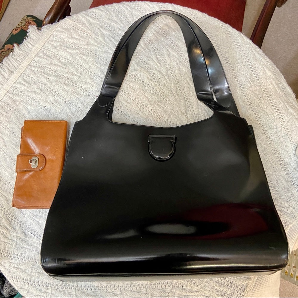 Ferragamo Large Black Enamel Patent Tote- Handbag