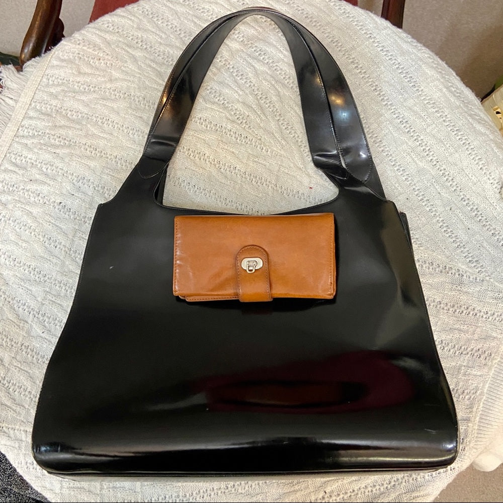 Ferragamo Large Black Enamel Patent Tote- Handbag