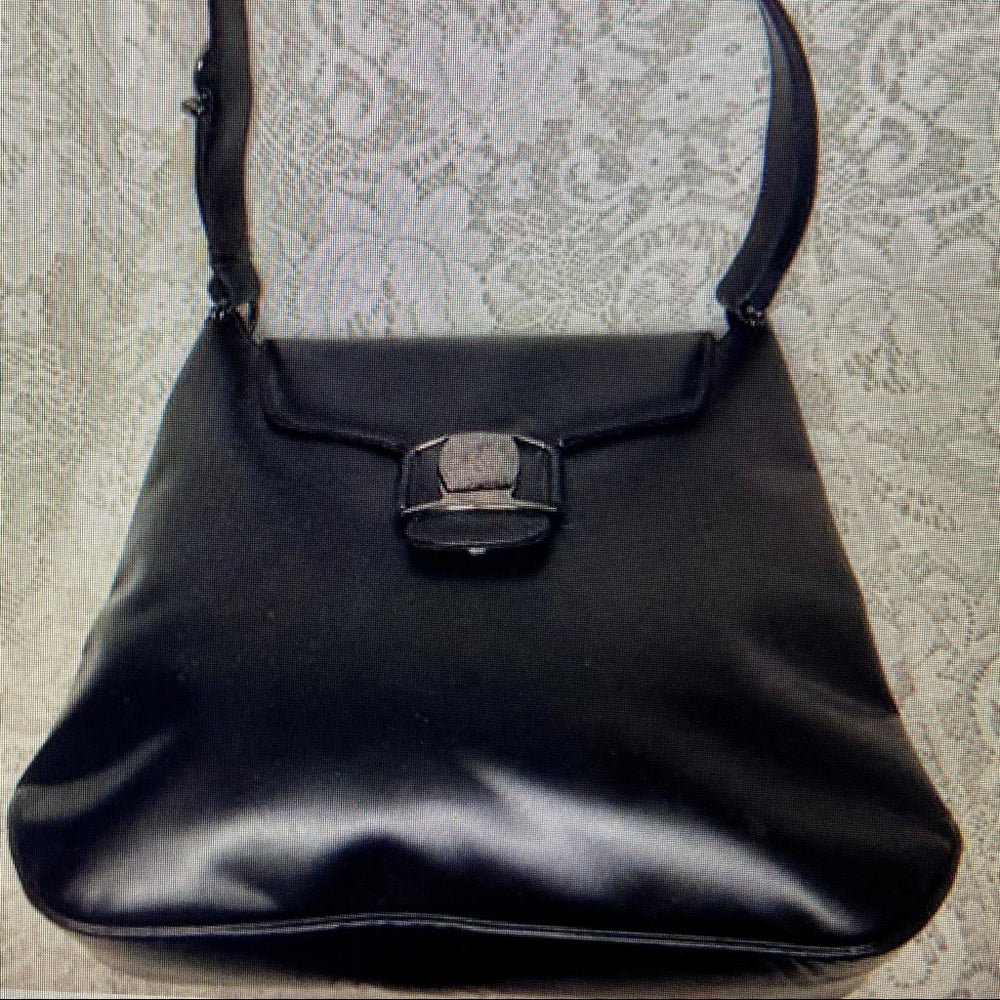 - Ferragamo Large Black Enamel Patent Tote- Handbag
