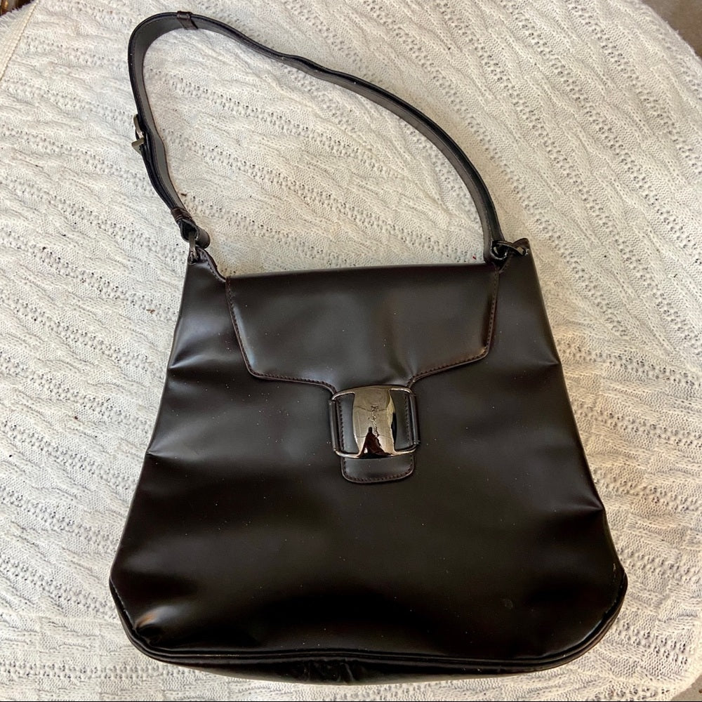 - Ferragamo Large Black Enamel Patent Tote- Handbag