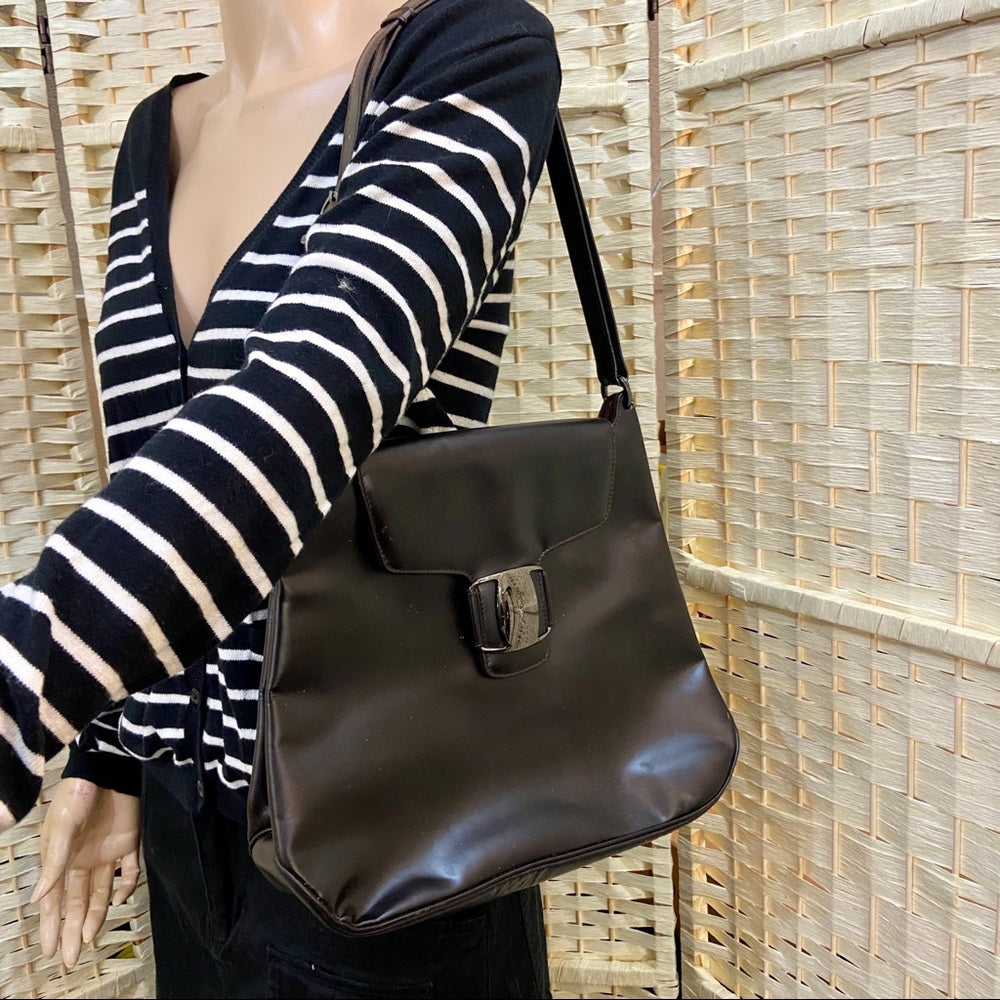 - Ferragamo Large Black Enamel Patent Tote- Handbag