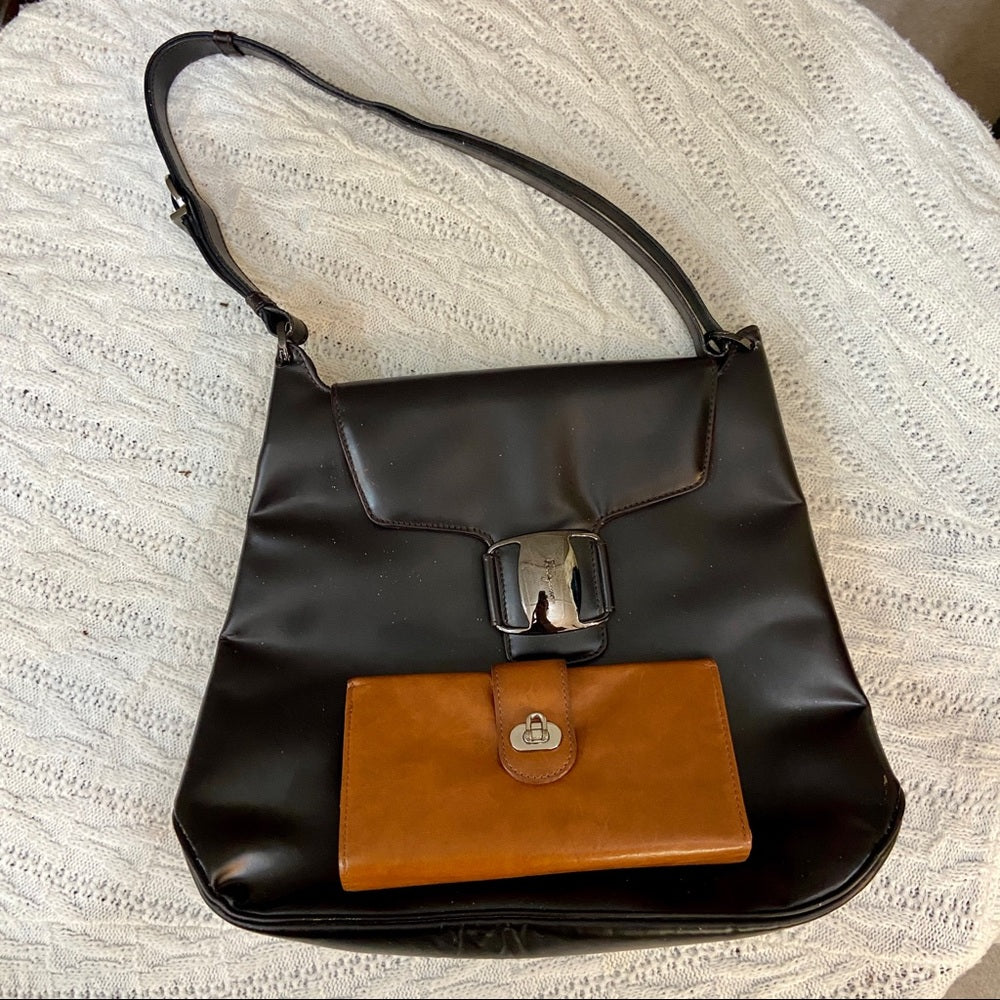 - Ferragamo Large Black Enamel Patent Tote- Handbag