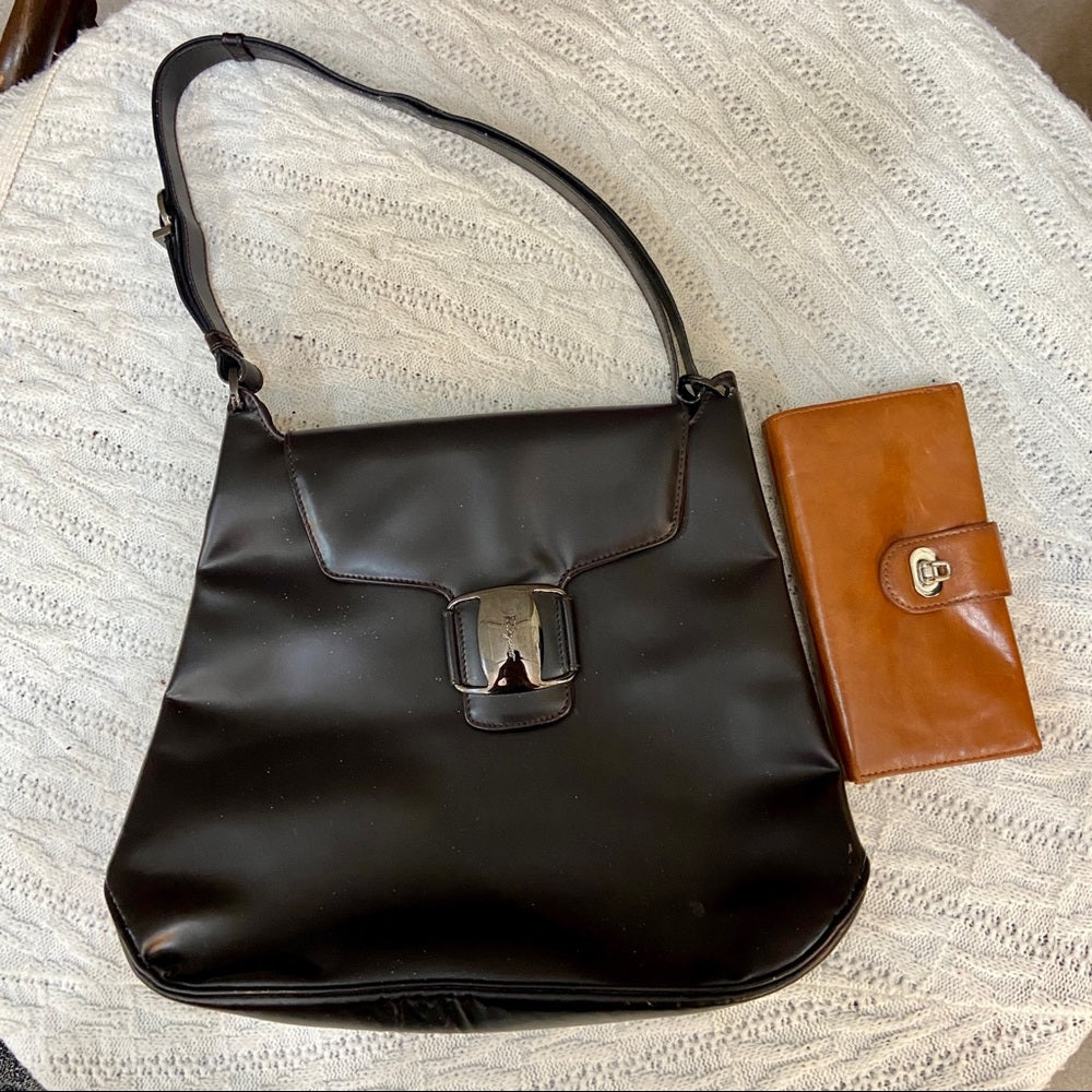 - Ferragamo Large Black Enamel Patent Tote- Handbag