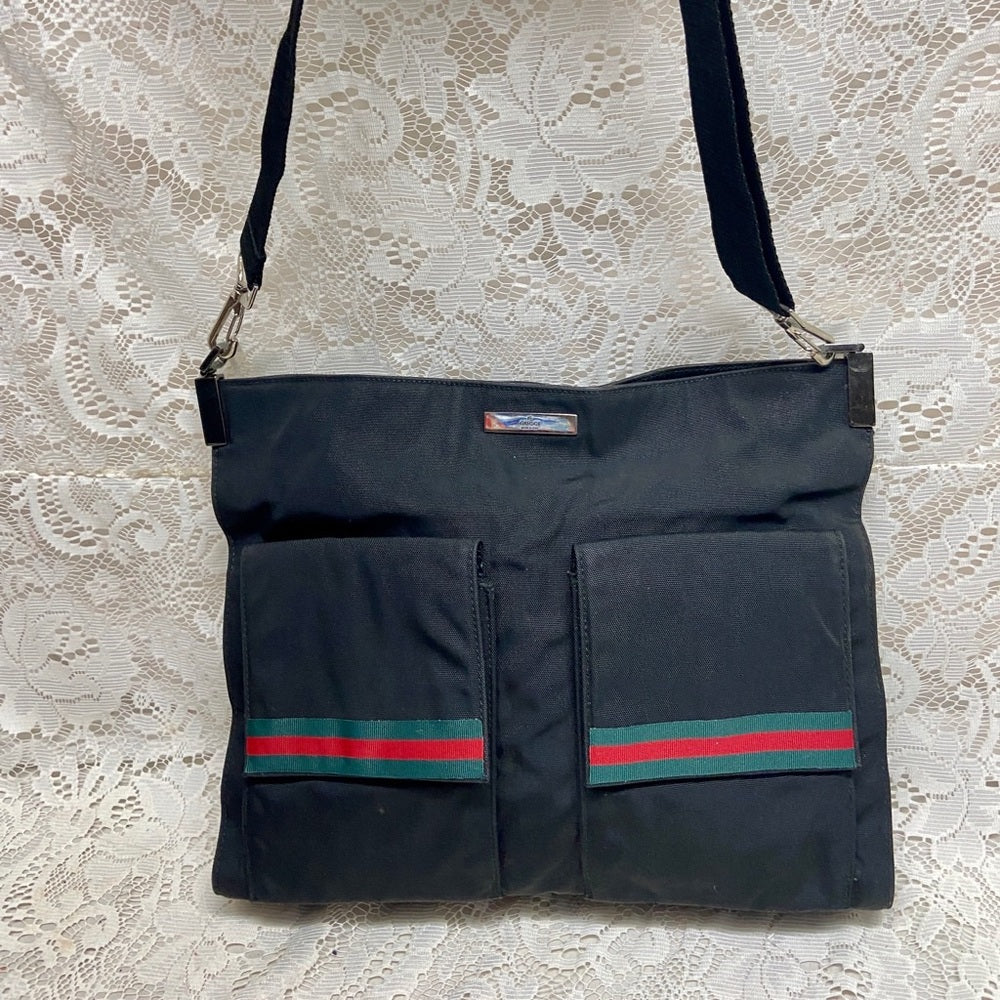 Vintage Gucci Italy Black Denim-Canvas Shoulder Bag