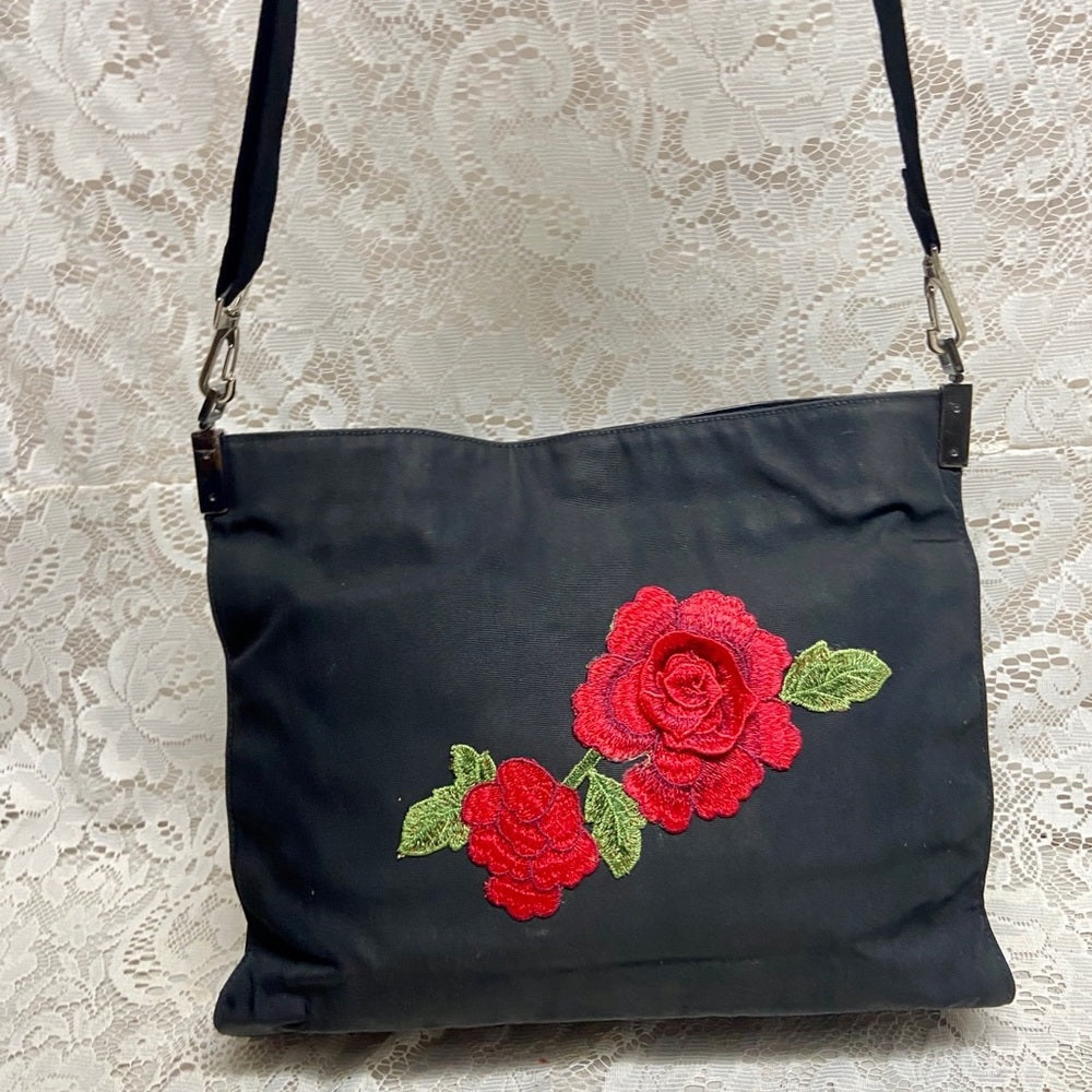 Vintage Gucci Italy Black Denim-Canvas Shoulder Bag
