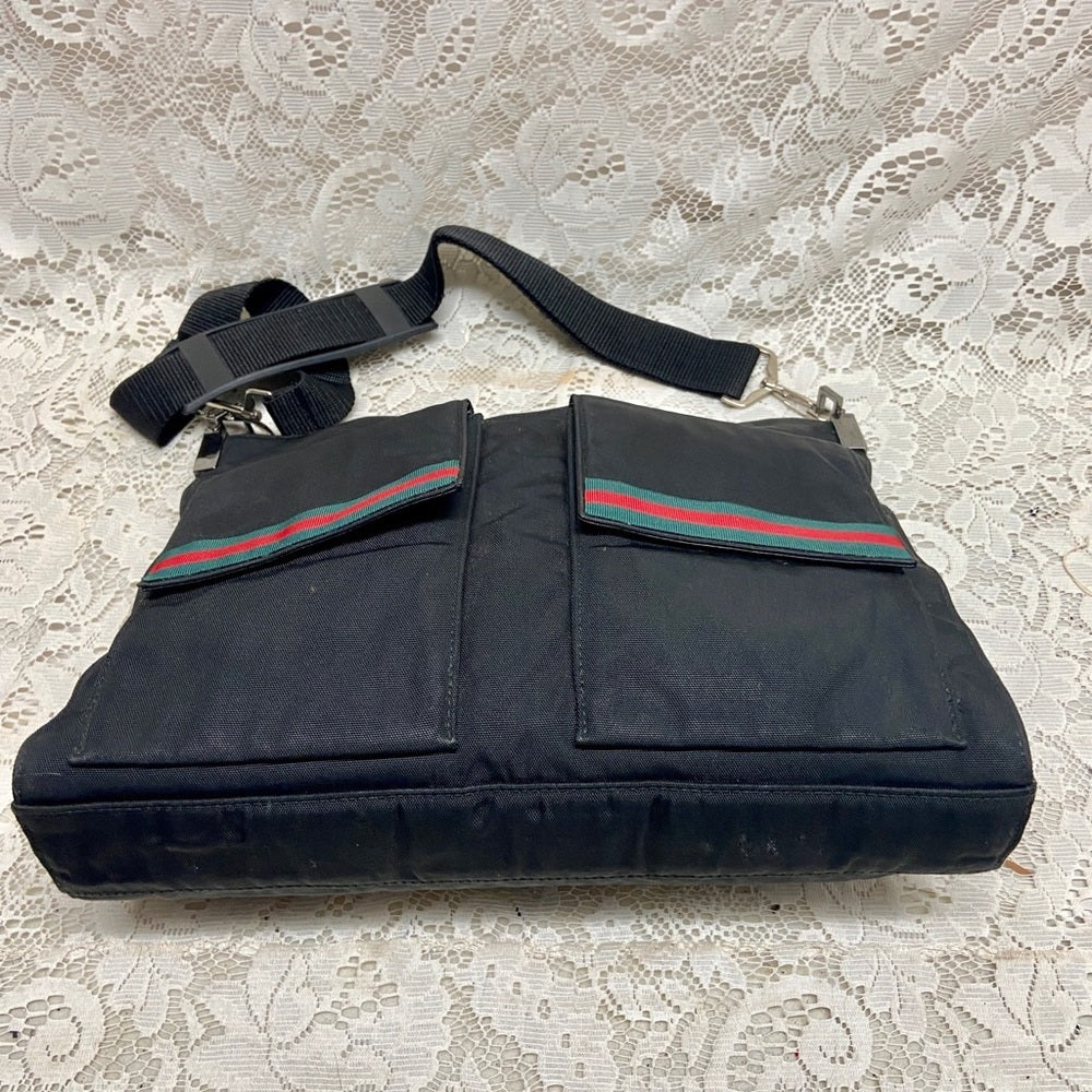 Vintage Gucci Italy Black Denim-Canvas Shoulder Bag