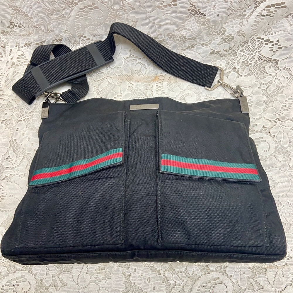 Vintage Gucci Italy Black Denim-Canvas Shoulder Bag