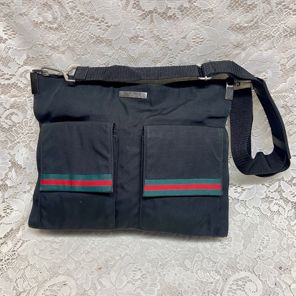 Vintage Gucci Italy Black Denim-Canvas Shoulder Bag