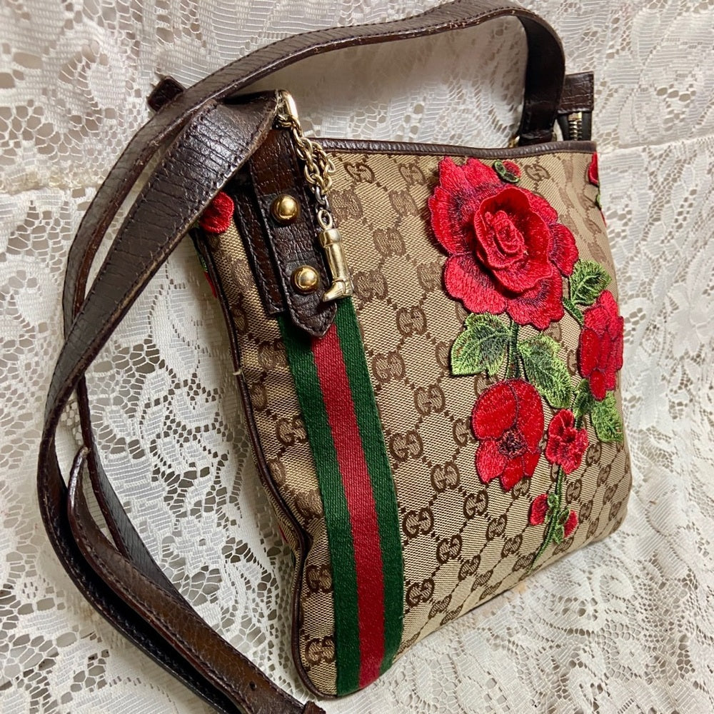 Vintage Gucci Brown Mono Red Floral Crossbody