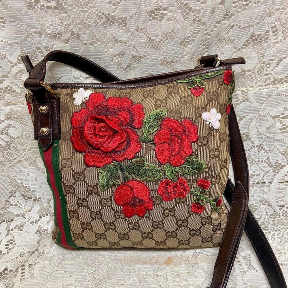 Vintage Gucci Brown Mono Red Floral Crossbody