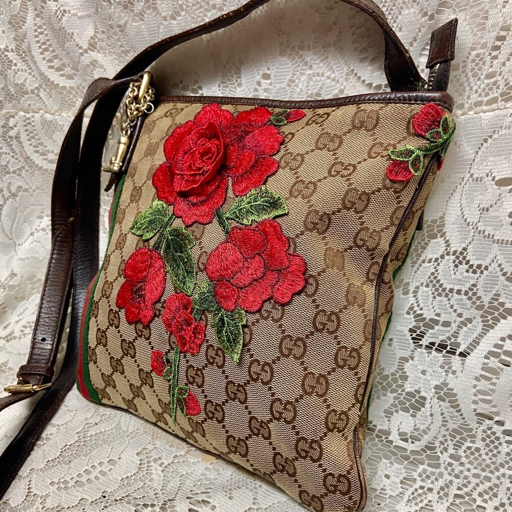 Vintage Gucci Brown Mono Red Floral Crossbody