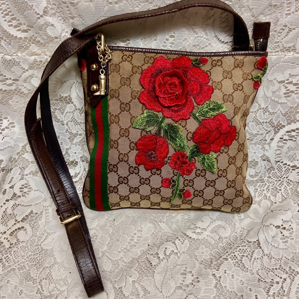 Vintage Gucci Brown Mono Red Floral Crossbody