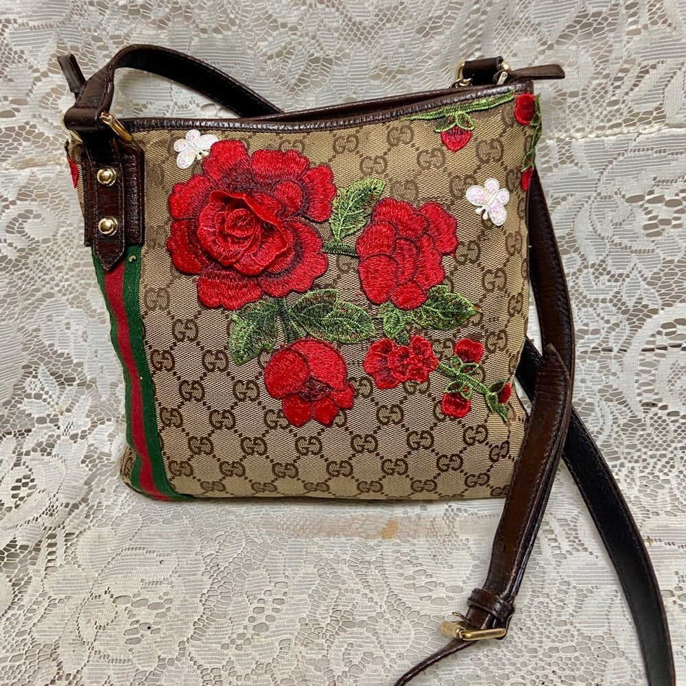 Vintage Gucci Brown Mono Red Floral Crossbody