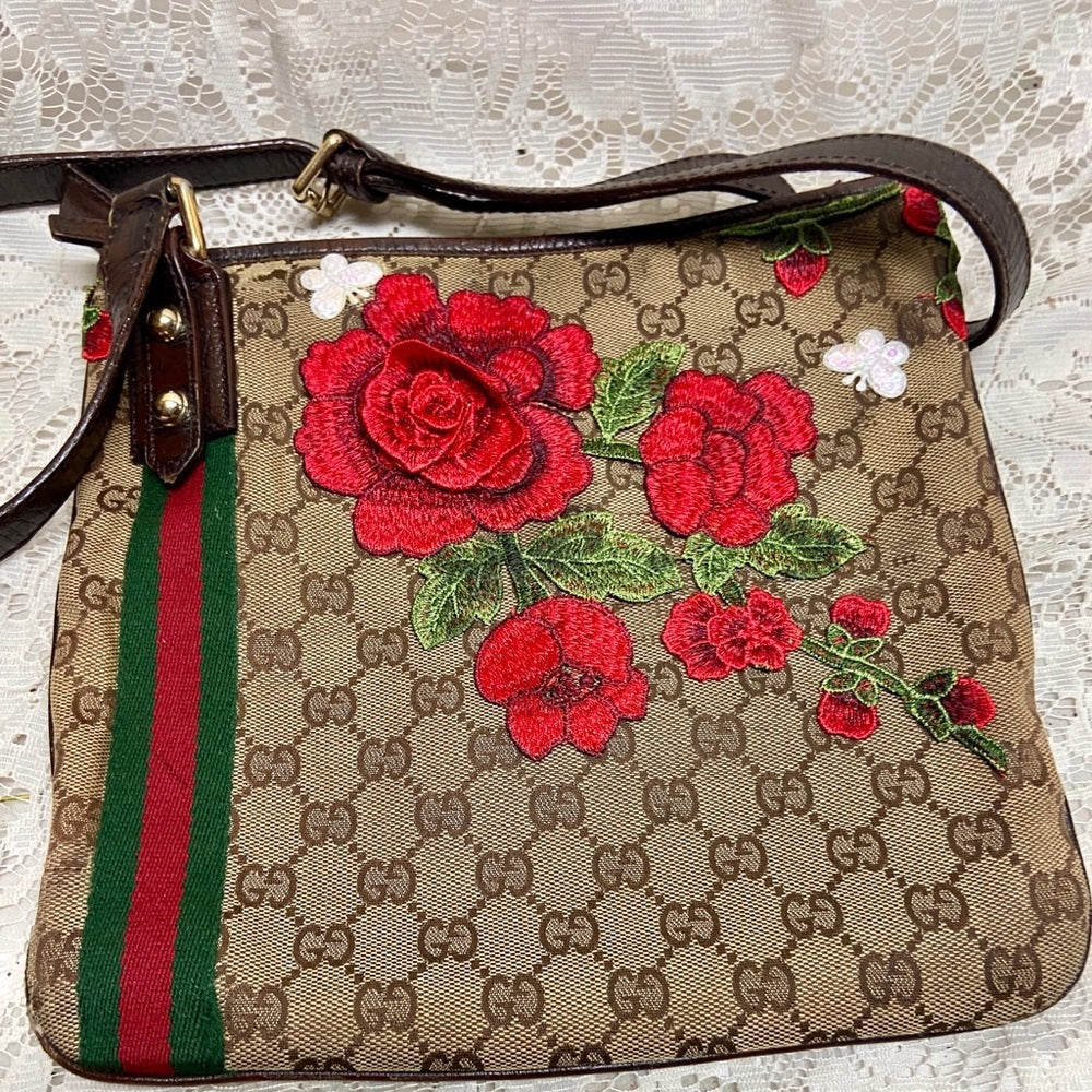 Vintage Gucci Brown Mono Red Floral Crossbody
