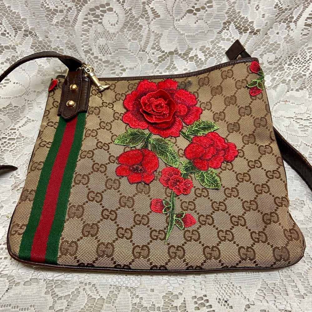 Vintage Gucci Brown Mono Red Floral Crossbody