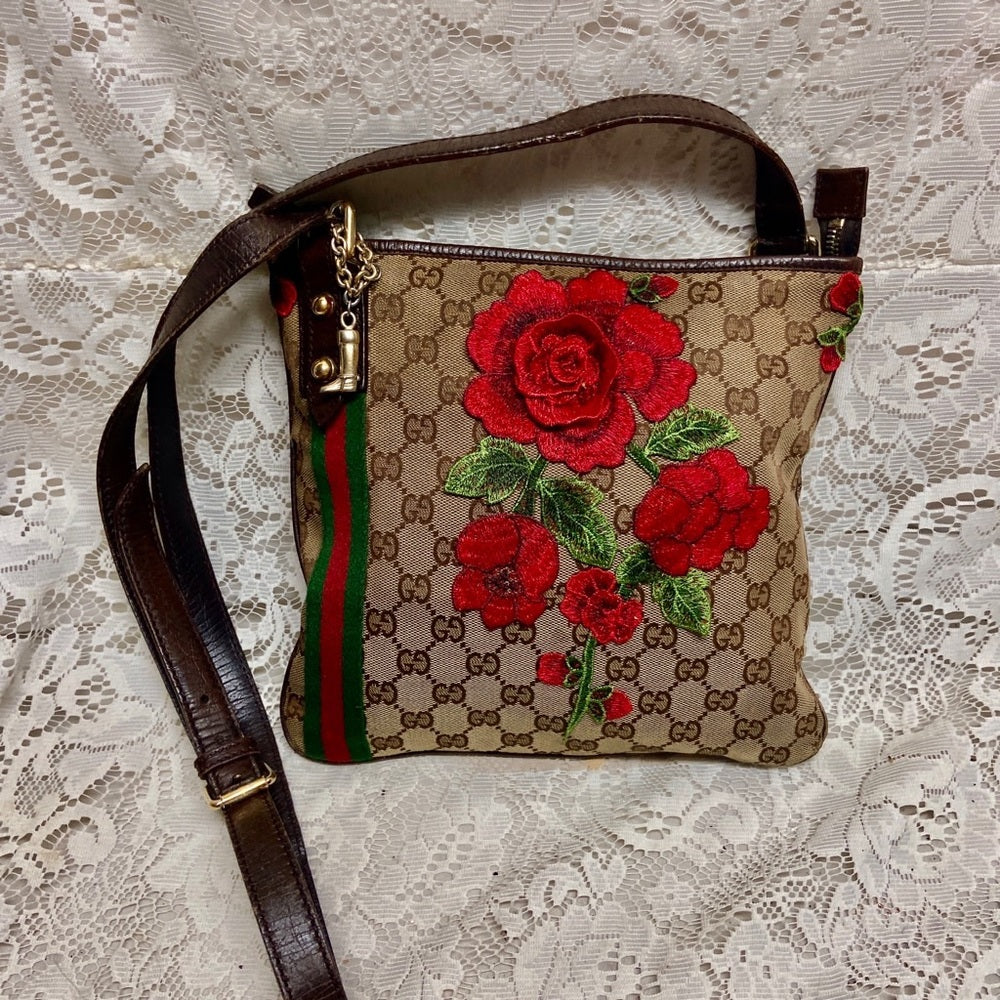 Vintage Gucci Brown Mono Red Floral Crossbody